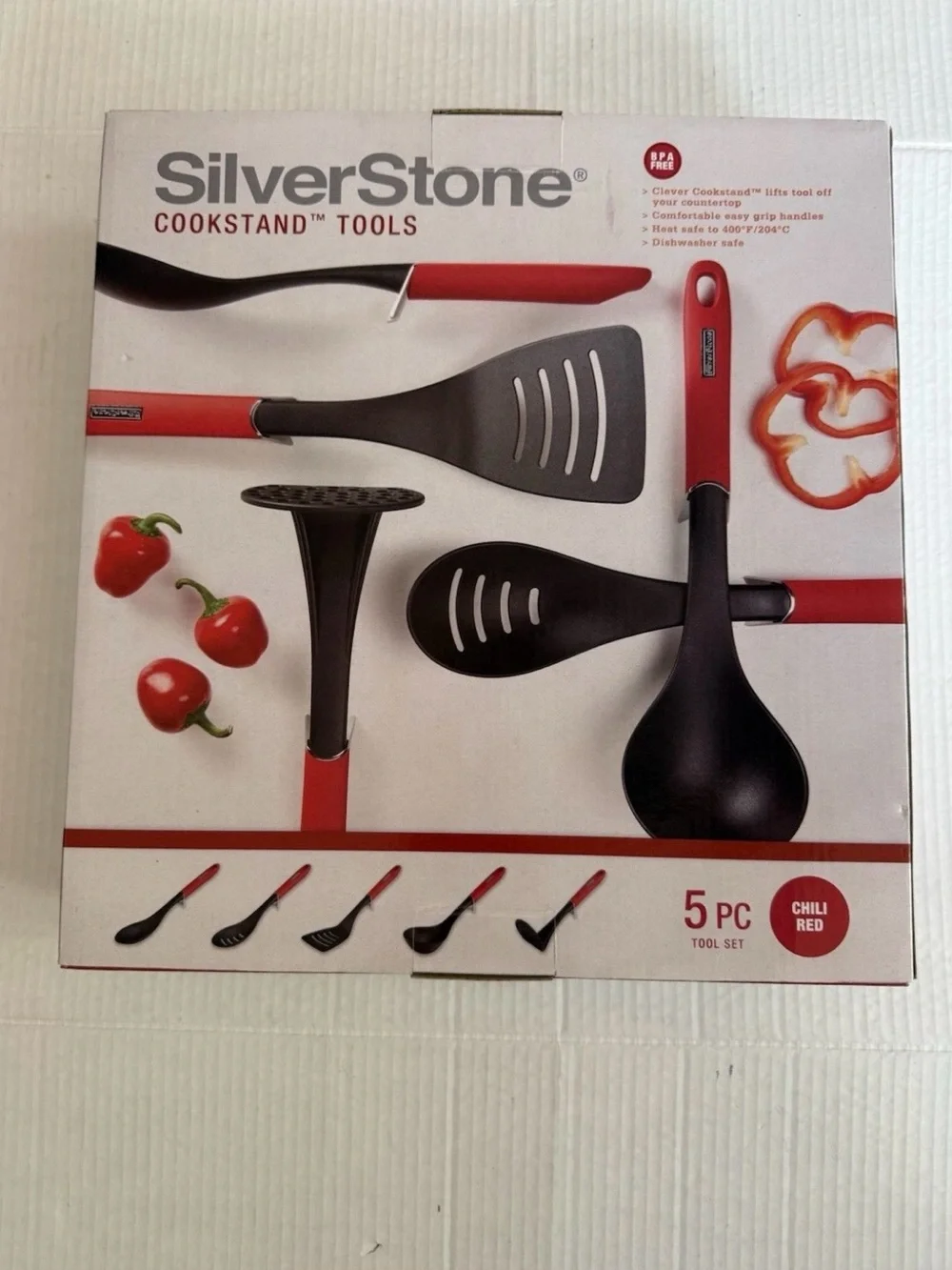 Silverstone Nonstick  Cooking 5 Piece Tool Set Chili Red  Cookstand Utensils NEW
